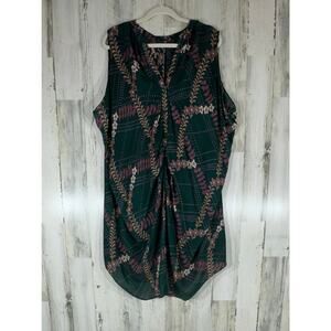 Alice Ritter Dress Green Floral 100% Silk Sheer Oversized‎ Split Neck Pleated